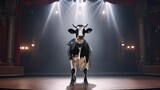 A cow standing on stage and performing opera arias