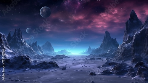 Alien planet fantasy landscape space background. Sci-fi horizontal poster. Science fiction digital raster bitmap illustration. Horizontal format wallpaper. AI artwork.