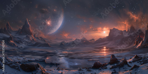 Alien planet fantasy landscape space background. Sci-fi horizontal poster. Science fiction digital raster bitmap illustration. Horizontal format wallpaper. AI artwork.