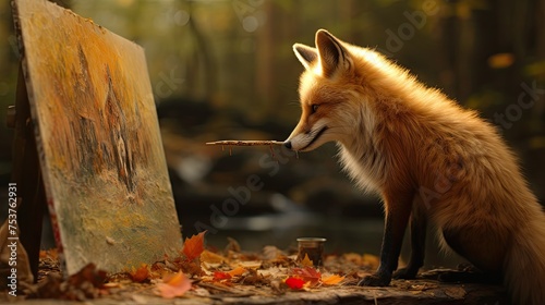 A fox creating her own art project in the forest using natural materials