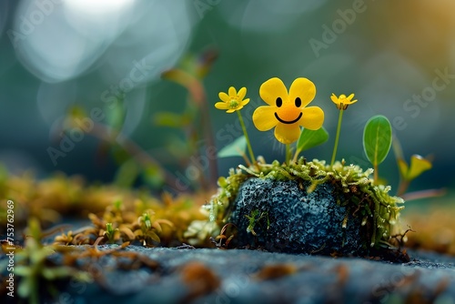 Yellow Smiling Flower Blooming in Mossy Rocky Landscape