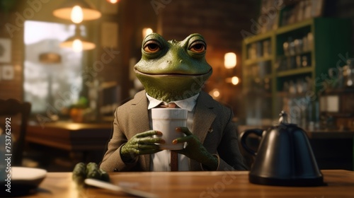 A frog enjoying a cup of coffee in a cozy coffee shop