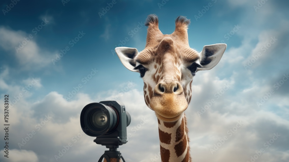 Fototapeta premium A giraffe participating in a photo shoot and posing in front of the camera
