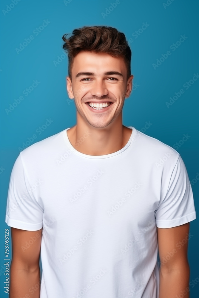 Fototapeta premium Caucasian man wearing a t-shirt on a blue background.