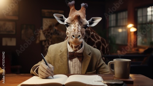A giraffe writing his autobiography photo