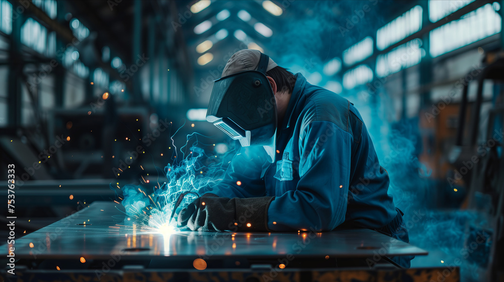 Male worker in uniform welding iron in factory. Male worker in uniform welding iron in factory.