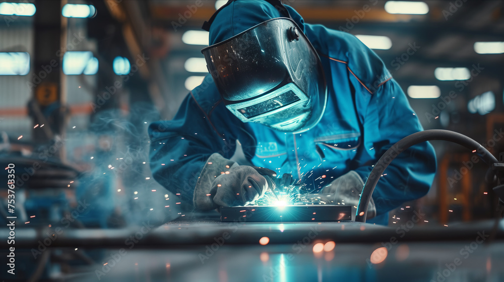 Male worker in uniform welding iron in factory. Male worker in uniform welding iron in factory.