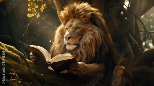 A lion reading a book on a tree and studying history