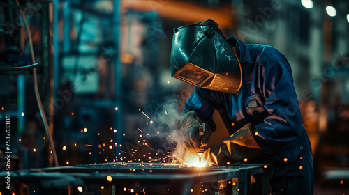 Male worker in uniform welding iron in factory.
