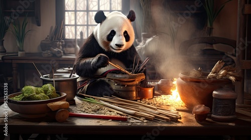 A panda hosting his own bamboo cooking show