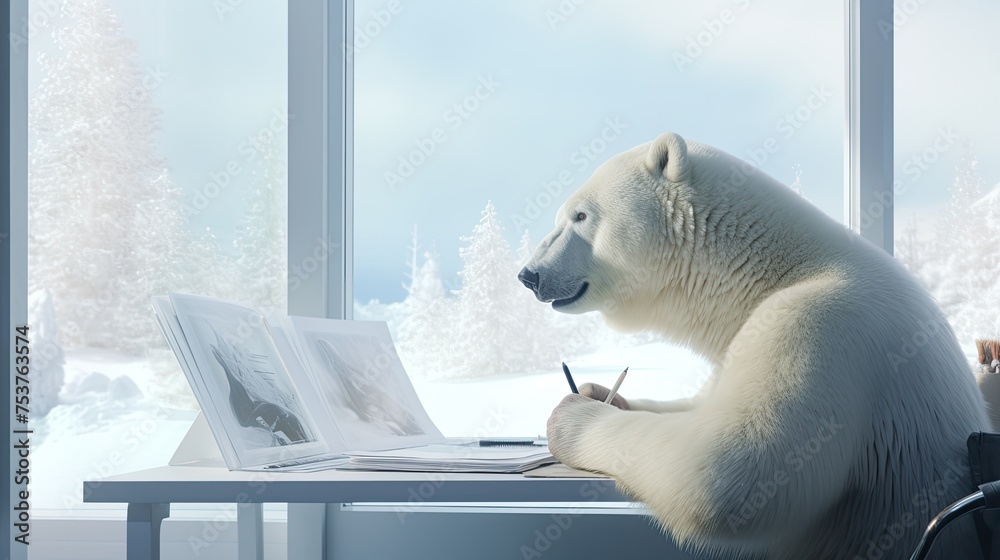 A polar bear sitting by the window and drawing portraits of his friends - obrazy, fototapety, plakaty 
