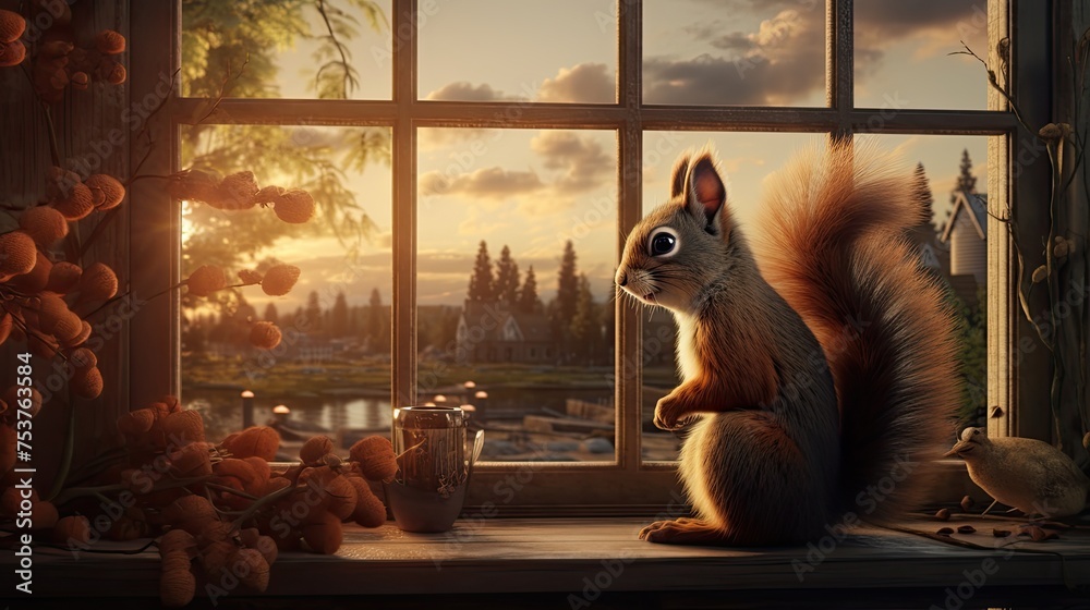 A squirrel sitting by the window lovingly watching the sunset - obrazy, fototapety, plakaty 