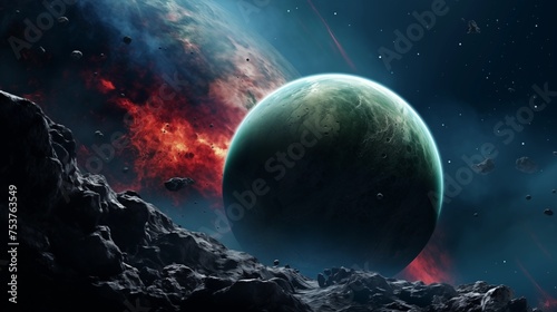 Alien planet fantasy landscape space background. Sci-fi horizontal poster. Science fiction digital raster bitmap illustration. Horizontal format wallpaper.