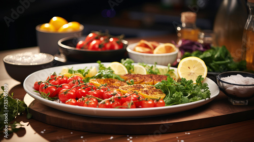 Vegetable salad with cherry tomatoes and grilled lemon.