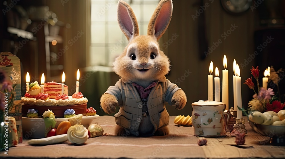 Bunny sitting at the table and celebrating his birthday with his toys - obrazy, fototapety, plakaty 
