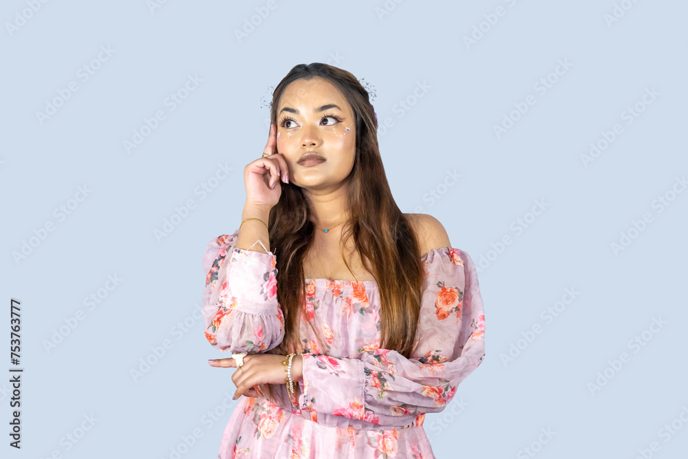Nepalese Indian Bridesmaid Fairy Cosplay Girl Giving Several Gestures and Expressions of Pointing Nepalese Indian Bridesmaid Fairy Cosplay Girl Giving Several Gestures and Expressions of Pointing