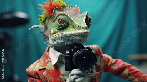 Chameleon posing for a photographer in various outfits