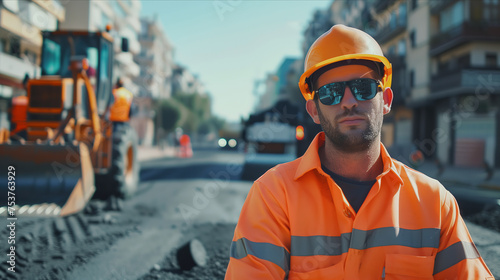 Caucasian male worker looks at camera with expression Confident in building roads in the city.