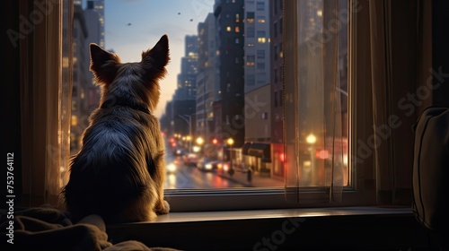 A dog sitting by the window and lovingly watching what is happening on the street