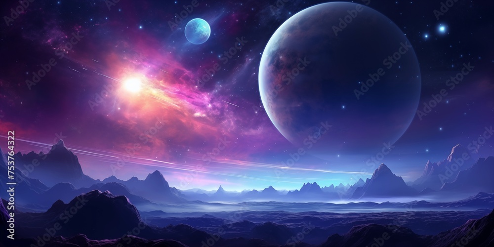 Alien planet fantasy landscape space background. Sci-fi horizontal poster. Science fiction digital raster bitmap illustration. Horizontal format wallpaper.