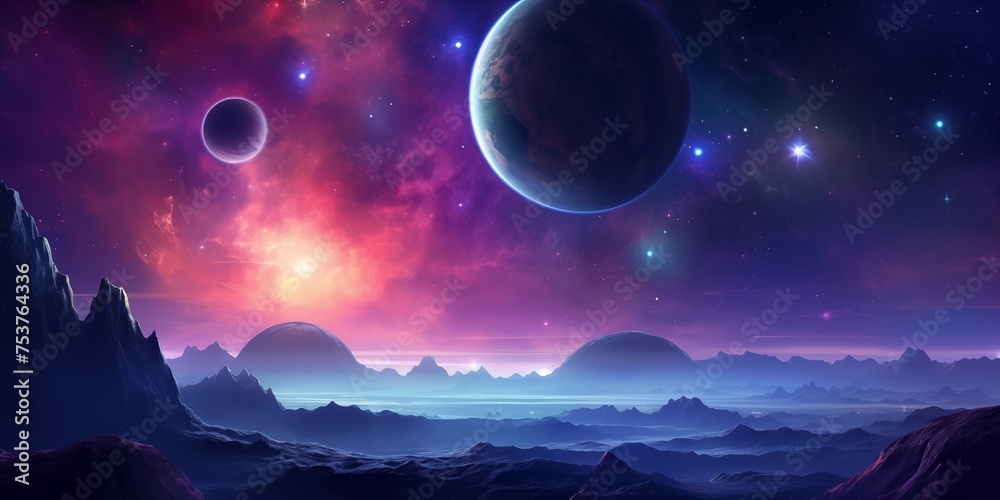 Alien planet fantasy landscape space background. Sci-fi horizontal poster. Science fiction digital raster bitmap illustration. Horizontal format wallpaper. - obrazy, fototapety, plakaty 