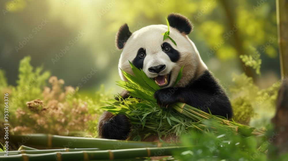 Fototapeta premium A panda who decides to spend the day at a bamboo farm and participate in the harvest