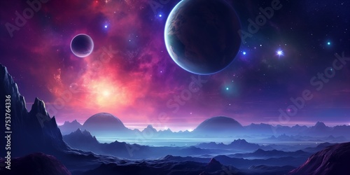 Alien planet fantasy landscape space background. Sci-fi horizontal poster. Science fiction digital raster bitmap illustration. Horizontal format wallpaper. photo