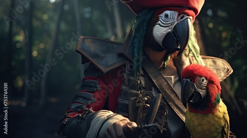 A parrot sitting on a pirate's shoulder and helping him make a treasure map