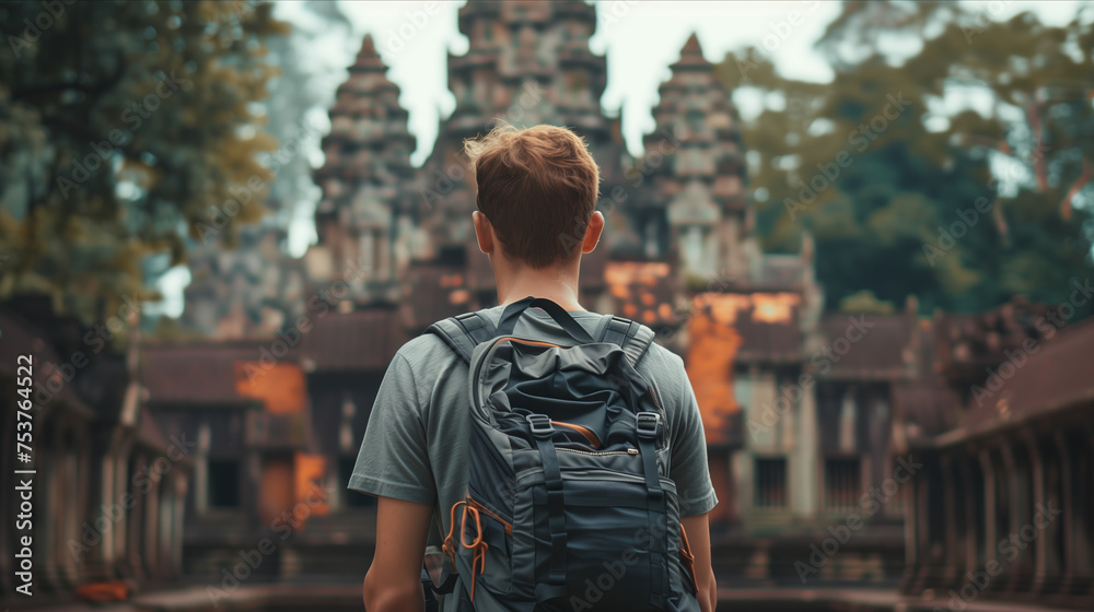 Rear view of a young man carrying a backpack to tour the temple. Rear view of a young man carrying a backpack to tour the temple.