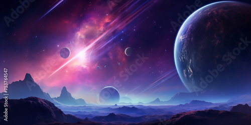 Alien planet fantasy landscape space background. Sci-fi horizontal poster. Science fiction digital raster bitmap illustration. Horizontal format wallpaper.