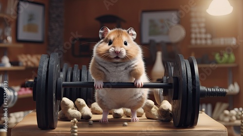 Hamster lifting weights in a miniature gym © Gefo