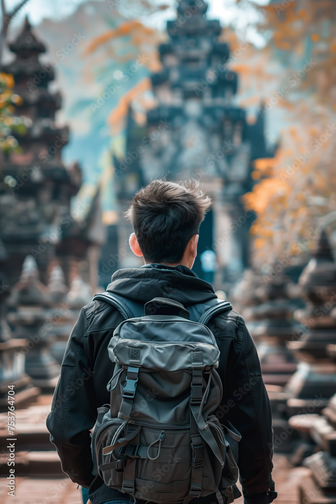 Rear view of a young man carrying a backpack to tour the temple. Rear view of a young man carrying a backpack to tour the temple.