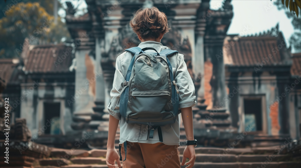 Rear view of a young man carrying a backpack to tour the temple.