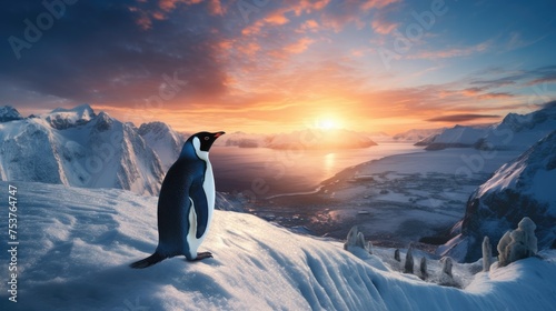 Penguin meeting the sunrise on the top of an icy mountain photo