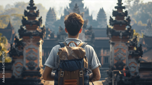 Rear view of a young man carrying a backpack to tour the temple.
