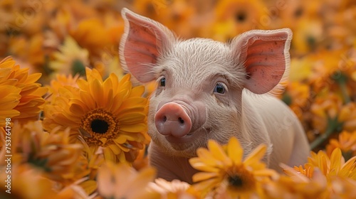 a pig in a field of sunflowers looking at the camera with a surprised look on his face and nose. © Shanti