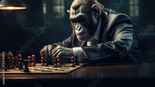 A monkey trying his hand at being a chess grandmaster photo