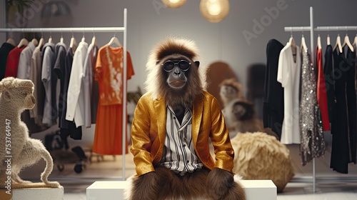 A monkey participating in a fashion show with his own designer outfits photo