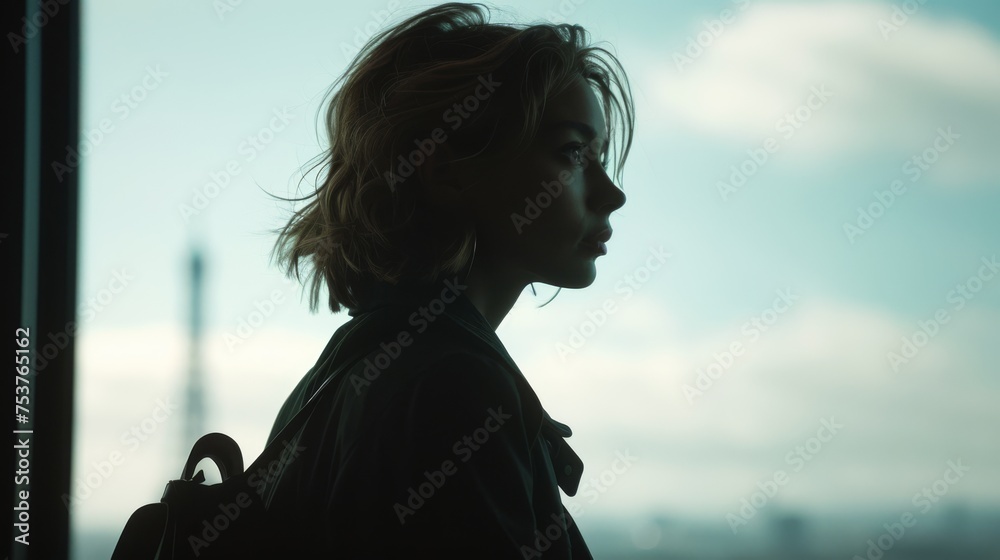 Fototapeta premium a woman standing in front of a window with a view of the city behind her and looking out the window.