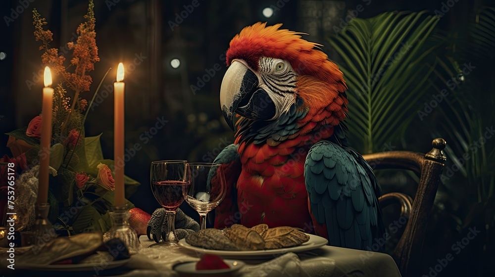Parrot sitting at the table and having dinner using cutlery