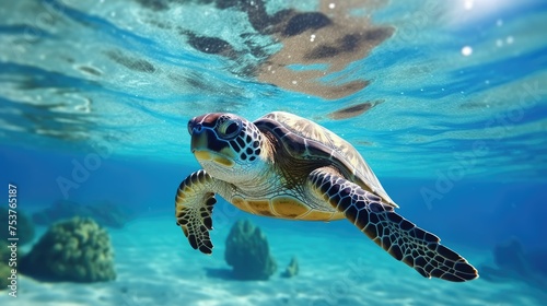 Turtle swimming in the ocean and taking underwater photos © Gefo