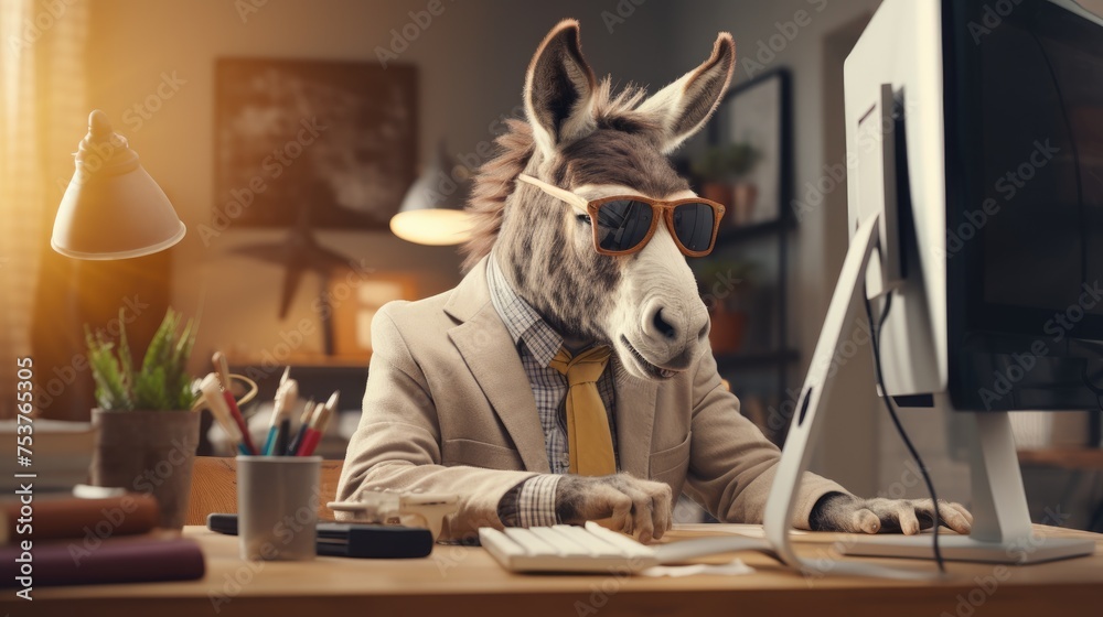 A donkey sitting at a computer creating his own website - obrazy, fototapety, plakaty 