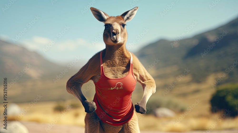 A kangaroo taking part in the filming of his fitness program outdoors