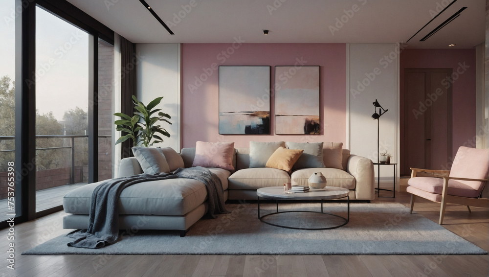 Contemporary apartment with a serene atmosphere, adorned with soft pastel tones.
