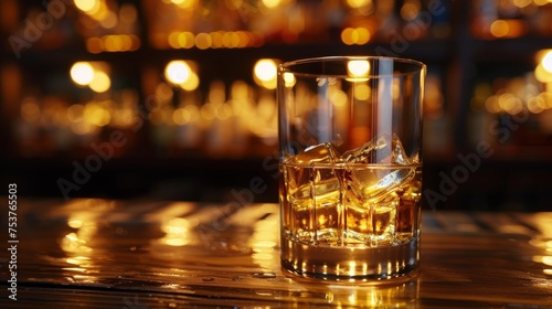  a glass of whiskey with ice cubes on a wooden table in front of a blurry background of lights.