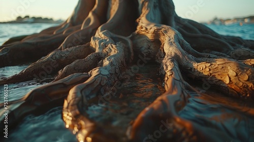  a close up of the roots of a tree near a body of water with a boat in the distance in the distance.