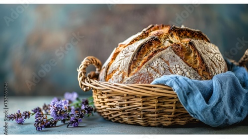  a close up of a loaf of bread in a basket with a blue cloth and purple flowers in the background.