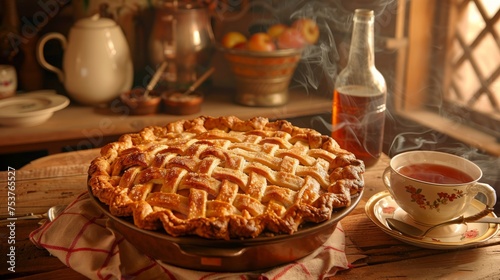  a pie sitting on top of a wooden table next to a cup of tea and a vase of oranges.
