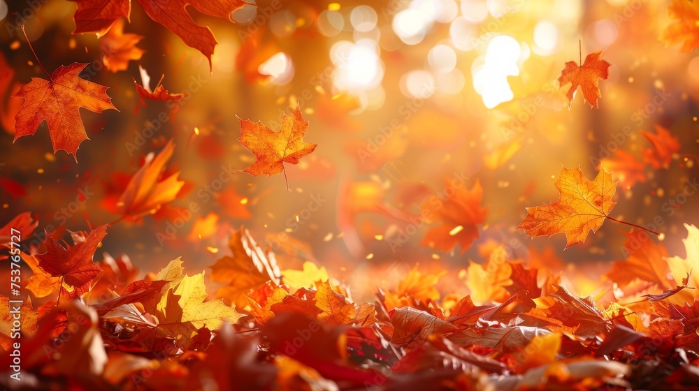 a bunch of red and yellow leaves floating in the air with the sun shining through the trees in the background. a bunch of red and yellow leaves floating in the air with the sun shining through the trees in the background.