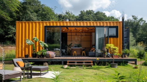 Modern shipping container house home, tiny house in sunny day. Shipping container houses is sustainable, eco-friendly living accommodation or holiday home